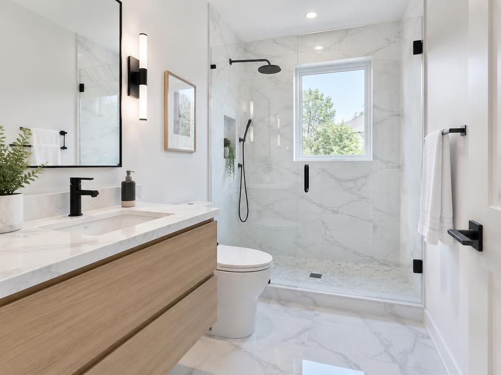Full bathroom remodel with marble tile, floating vanity and black fixtures.